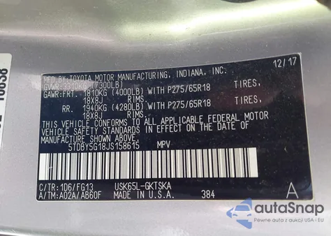 2018 Toyota Sequoia Sr5 z USA, uszkodzony, nr VIN 5TDBY5G18JS158615